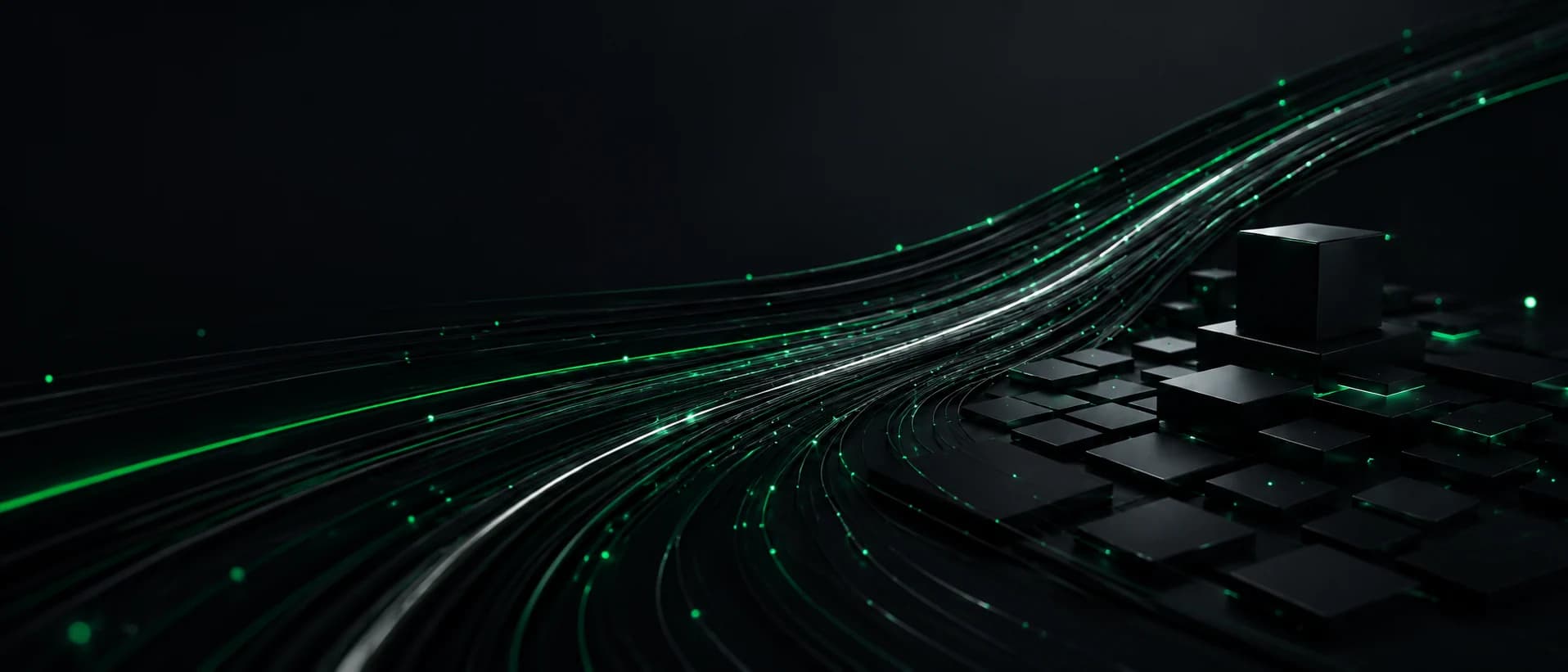 Abstrakte grüne Datenströme verbinden modulare digitale Bausteine auf dunklem Hintergrund.